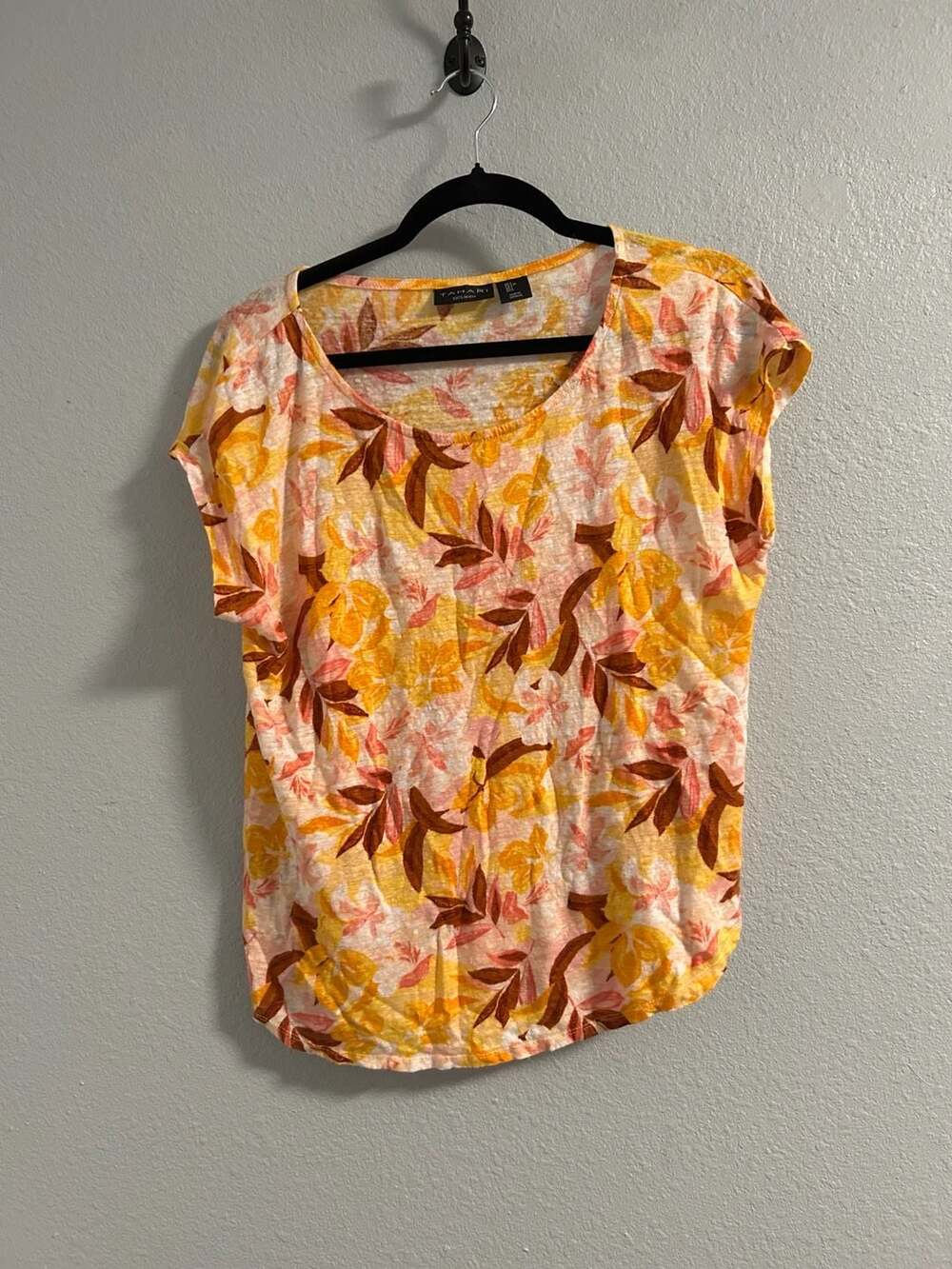 Tahari 100% Linen Yellow Pink Leaf Floral Short Sleeve Scoop Neck Top Size L